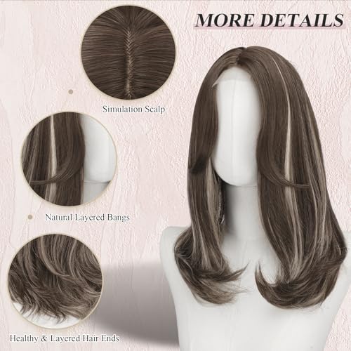 Image of FESHFEN Lace Front Hairline Wigs with Bangs, Synthetic Natural Looking Long Layered Straight Hair Wig for Women Daily Party Costume, 18 inch Brown Mixed Grey Highlight