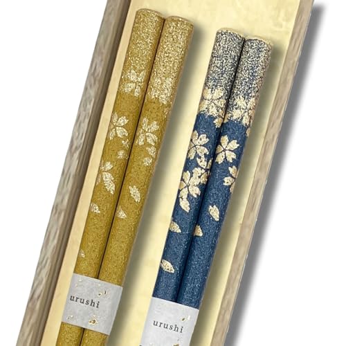 橋本幸作漆器店 桜ふぶき 2膳セット 輪島うるし箸 乾漆仕上げ 桐箱入り 日本製 高級 滑りにくい 夫婦箸 お揃い ペア ギフト 記念日 プレゼント (青, 黄)