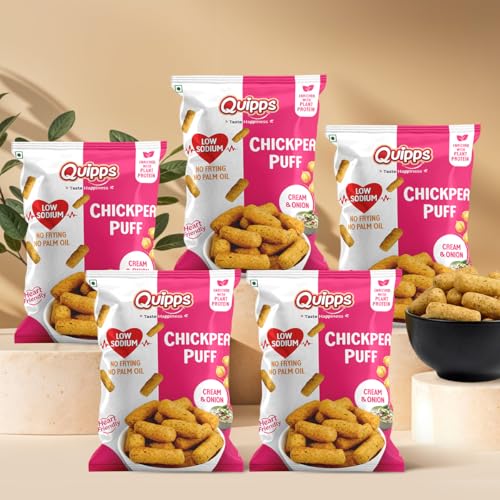 Image of Quipps Chickpea Puffs Cream & Onion Flavour, Pack of 6 (60g Each) | Low Sodium Snack | Plant Protein Enriched | Non-Fried | No Palm Oil | Gluten Free | No Artificial Preservatives | Crunchy Office & Travel Snack