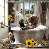 Homewelle Funny Brown Bear Shower Curtain Farmhouse Animal Bathing in Bathtub Bubbles Rustic Sunflower Wildlife Hilarious Cute 72Wx72H Inch Retro Country Waterproof Polyester Fabric Bathroom Bathtub