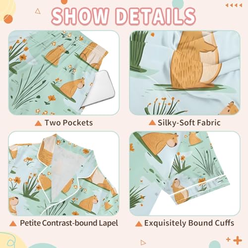 senya Cute Capybara Pond Satin Summer Pajama Sets Silk Short Sleeve Button Down Sleepwear3