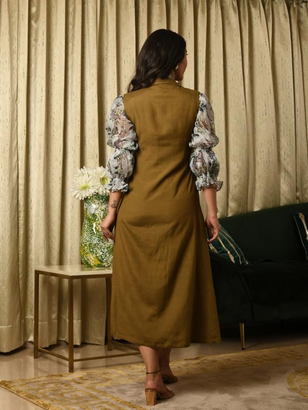 Image of Aaheli Women's Cotton Livvy Floral Shirt & Olive Tunic Set