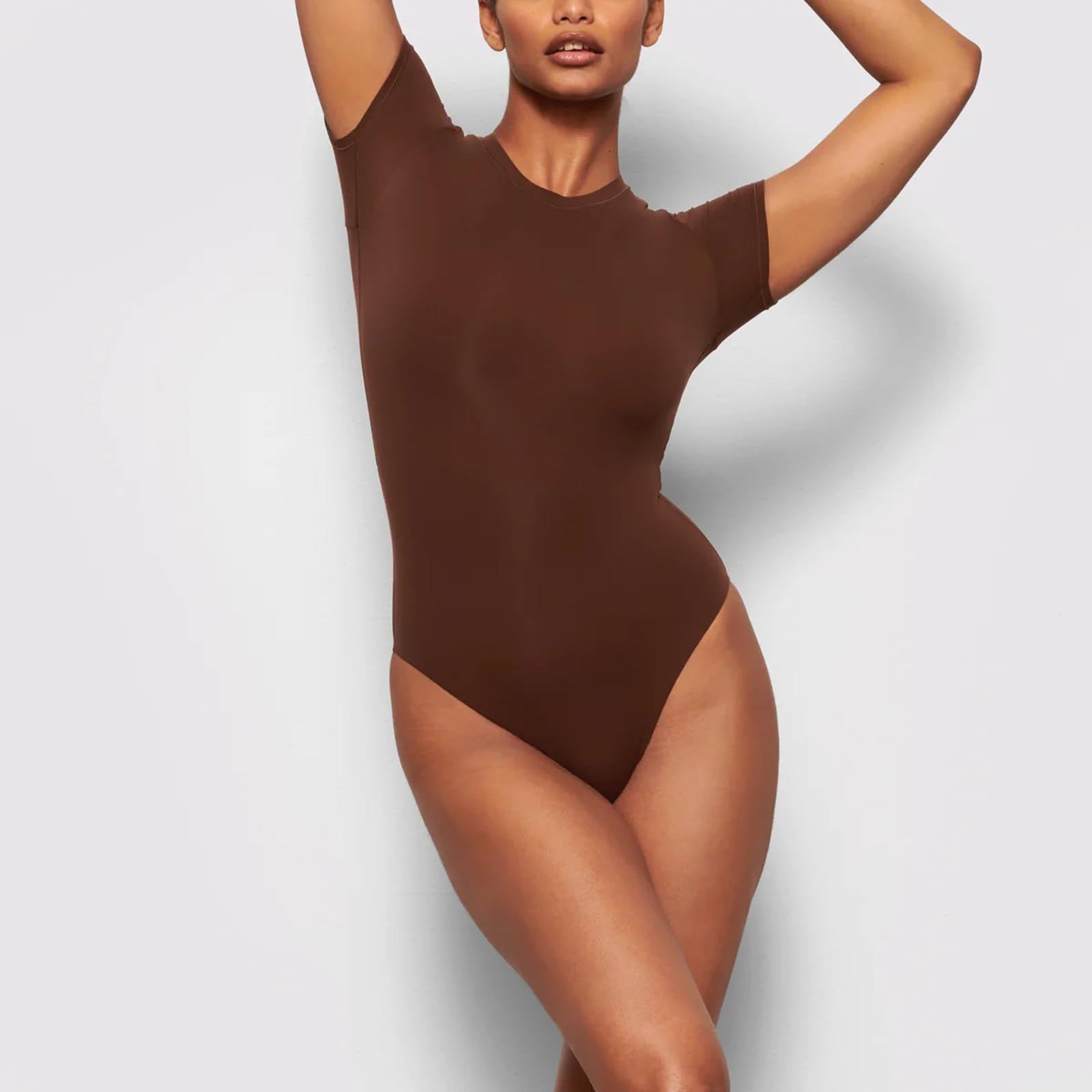 ISCBAFYX Body Moulant pour Femmes, Manches Longues/Courtes, Haut Justaucorps Extensible, String, col Rond, Couleur Unie, Combinaison Amincissante