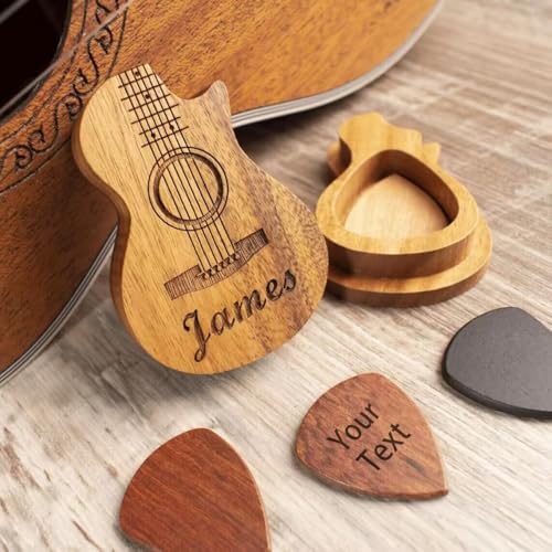 Boîte de rangement pour médiators en bois personnalisée avec médiators, étui pour médiators de guitare personnalisé, gravure de nom, texte, cadeau sur...