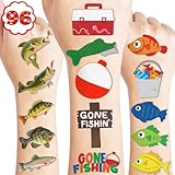 96 PCS Gone Fishing Fish Pre-Cut Temporary Tattoos for Kids Birthday Theme Party Supplies Decorations Favors Decor Cute Little Nautical Fisherman Tattoo Stickers Gifts for School Prizes Boys Girls