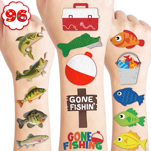 96 PCS Gone Fishing Fish Pre-Cut Temporary Tattoos for Kids Birthday Theme Party Supplies Decorations Favors Decor Cute Little Nautical Fisherman Tattoo Stickers Gifts for School Prizes Boys Girls