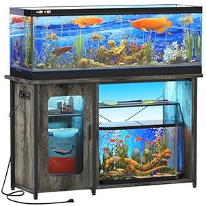 55-75 Gallon Fish Tank Stand, Reversible Heavy Duty Metal Aquarium Stand with Cabinet for Fish Tank Accessories Storage, Turtle/Reptile Terrariums, Black Oak