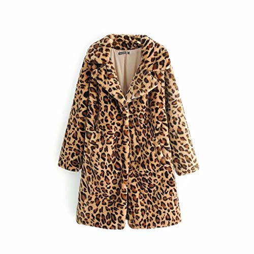 Fanteecy Leopard Faux Fur Coat,Women Warm Long Sleeve Parka Coat Overcoat Fluffy Top Sexy Lapel Jacket Outerwear Brown