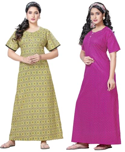 Image of Keyocean Women's Cotton Printed Maxi Nighty, Full Length Night Gown for Women, Comfortable Night Gown and Sleepwear, Free Size, Pack of 2