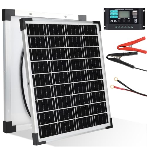 20W 12V Solar Panel Kit with 10A Charge Controller High Efficiency Solar Board with Extension Cable and Clips O-Ring Terminal for Security Camera Door Lights Lawn Lights Pumps Street Lights Camping
