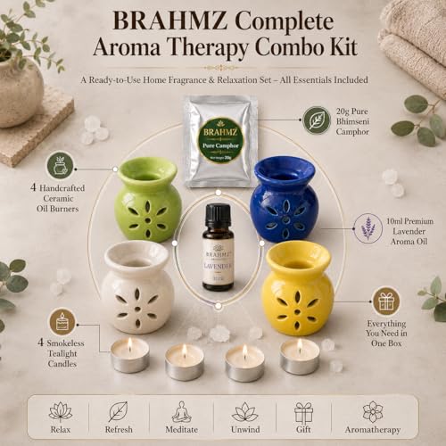Image of BRAHMZ Ceramic Oil Burner Set of 4 with 4 Tealight Candles, 10ml Lavender Aroma Oil & 20g Bhimseni Camphor | Essential Oil Burner, Aroma Oil Diffuser for Home Fragrance, Meditation & Gifting