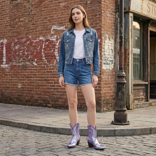 Image of HOCHFART Western Boots for Women Metallic Embroidered Pointed Toe Cowgirl Boots Chunky Heel Pull-On Short Cowboy Boots Wide Calf Country Ankle Boots