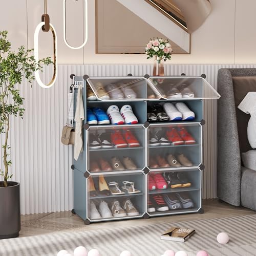 Image of Sunderlook Shoe Rack Plastic for Home- Shoe Stand, Chappal Stand, Professional Multipurpose Foldable Standing Comfort Runner Shoe Rack with Door, Slipper Stand (Dark Grey, 12 Shelf 6 Door)
