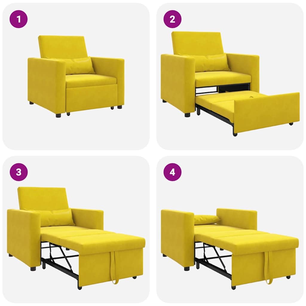 Sofá cama extensible individual con ruedas, terciopelo amarillo, marco de acero, convertible 3 en 1 como sillón, sillón reclinable y cama, tamaño compacto para sala de estar y habitación de