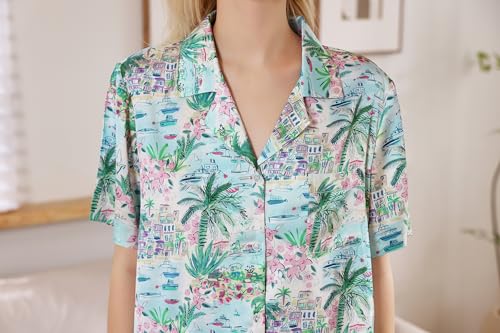 Image of YiNi LuLu Womens Silk Satin Shorts Pajamas Set Button Down 2 Piece Pjs Short Sleeve Oversized Sleepwear with Pockets