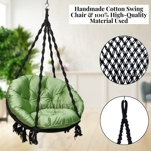Image of Patiofy Premium Round Shaped Swing for Adults /Jhula for Adults /Swing for Balcony /Hammock Swing /Jhoola for Adults Outdoor /150kgs Weight Capacity /Includes Large Green Sitting Cushion(Black-32Inches)