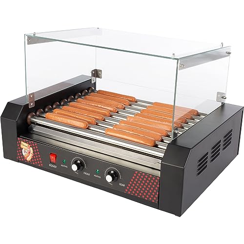 Image of Hot Dog Roller Machine with Cover - 1170W Stainless-Steel Cooker with 9 Rollers - 24 Hotdog Capacity Electric Grill by Great Northern Popcorn