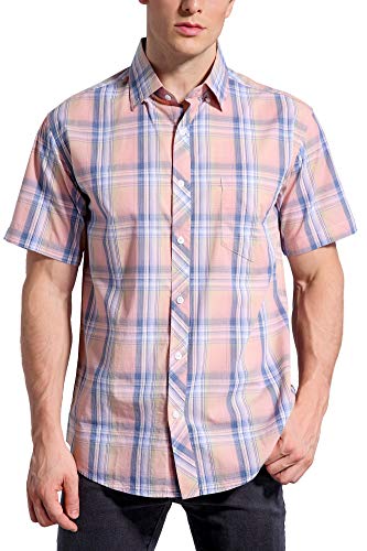 COEVALS CLUB Mens Short Sleeve Button Down Regular-Fit Casual 100% Cotton Shirts (#6 Pink Plaid, XXL)