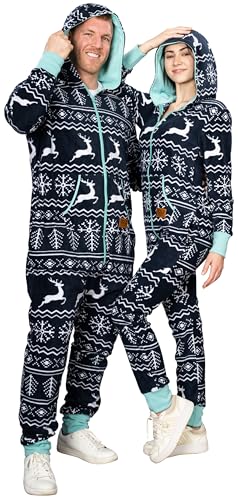 UglyChristmasSweater Christmas Pajamas Holiday Jumpsuit Cozy Adult Union Suit Hooded Pajama for Mens and Womens with Pockets