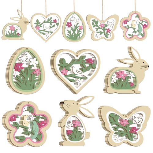 24 Stück deko zum Aufhängen, Frühlingsdeko Anhänger, Oseranhänger Holz,Osterhase Ostereier Schmetterlinge Blumen Ostern Deko（Green