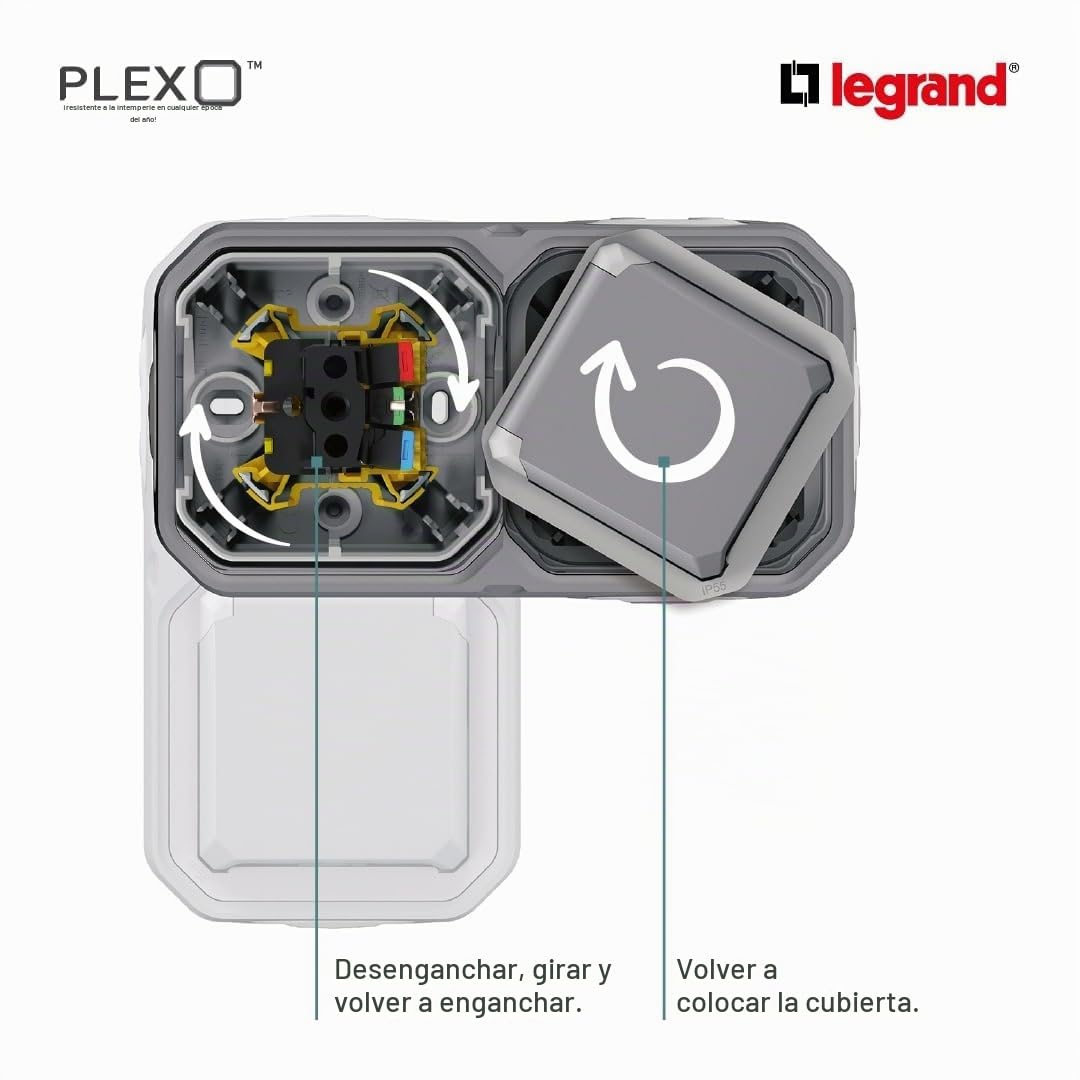 LEGRAND, Plexo New 069743L - Enchufe de 3 enchufes para ambientes húmedos, estándar Schuko, incluye tapa abatible, protección táctil, terminales precableados, horizontal, IP44 - IK07, color gris