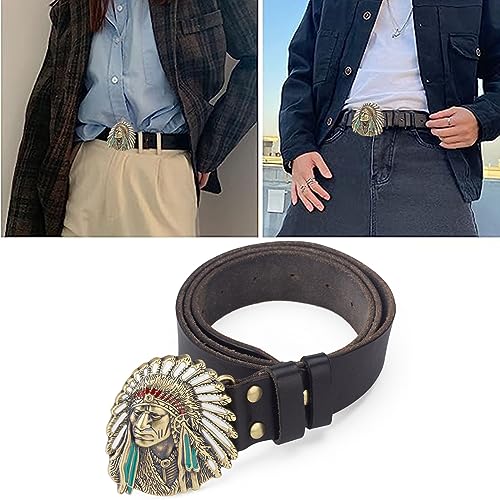 Mens Belt Leather, Cowboy Western Belts for Men, with 3D Native American Head Pattern Buckle Vintage Embossed Belt4