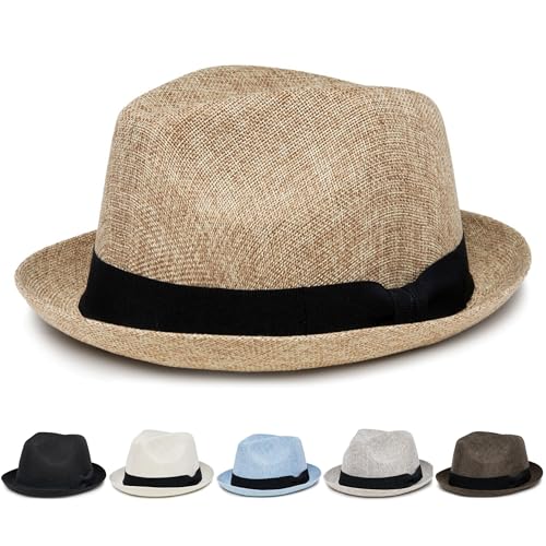 Funky Junque Mens Pork Pie Fedora Hat Lightweight Imitation Linen Sun Hat with Grosgrain Band Breathable and Durable Beach Fedoras Summer Style - Sand (Large/X-Large)