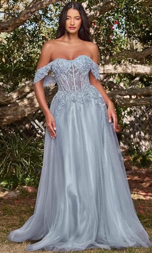 MiwiNovia Junior's Glitter Tulle Prom Dresses Lace Appliques A-Line Formal Dress Off Shoulder Prom Ball Gown MN9063