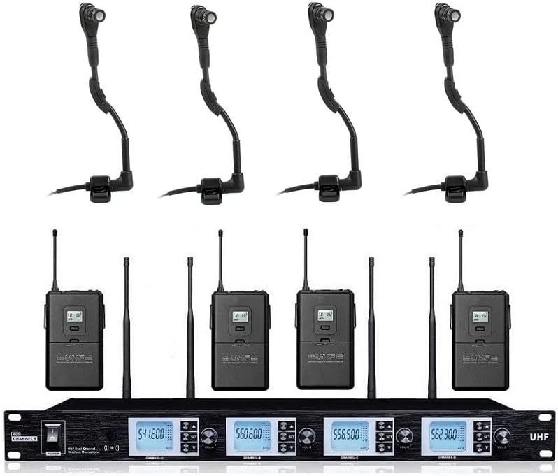 Mike UHF 4 Channel Wireless Instrument Microphone for Horn Saxophones Trumpet Tuba Drum