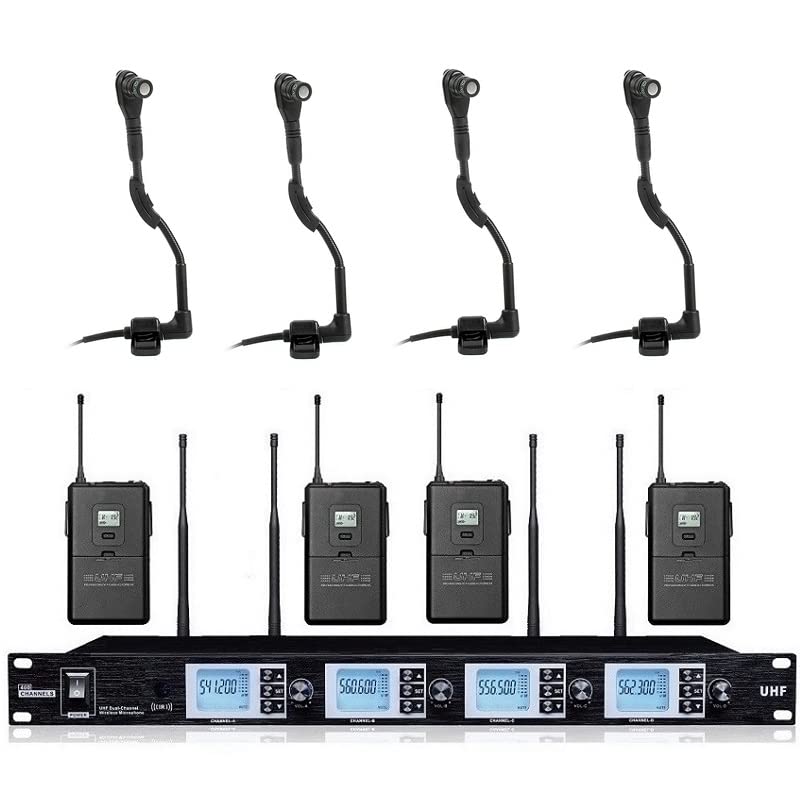 Bolymic Mike UHF 4 Channel Wireless Instrument Microphone for Horn Saxophones Trumpet Tuba Drum