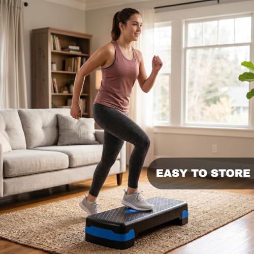 Image of Burnlab Aerobic Stepper, Two Height Level Adjustments - 4 inches and 6 inches, Slip-Resistant & Shock Absorbing Platform for Extra-Durability (Blue)