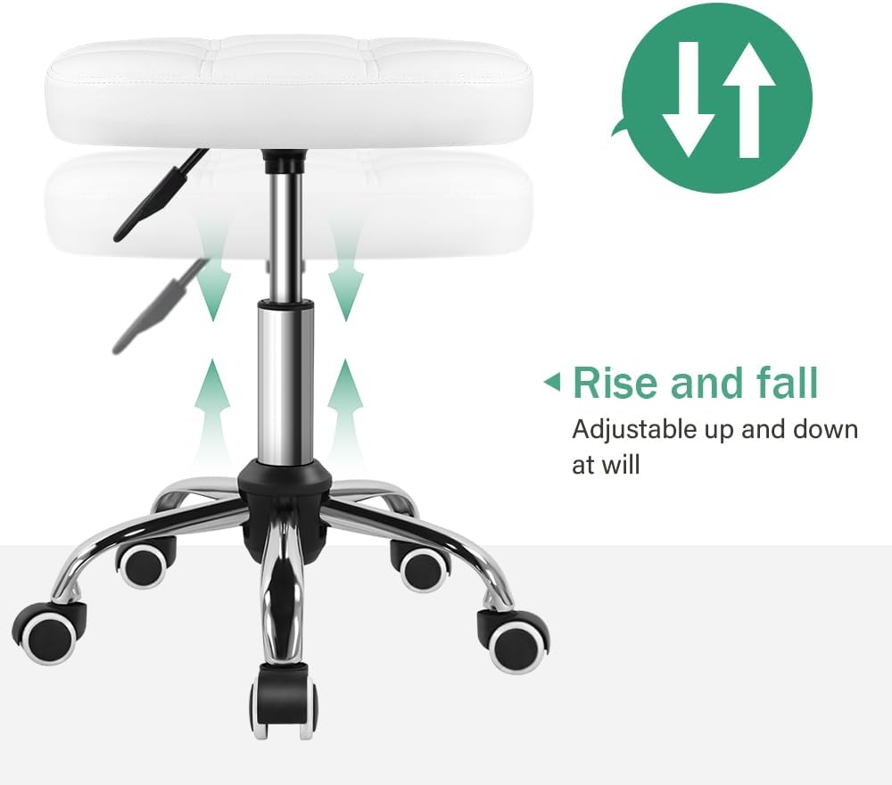 FURWOO Oval Rolling Stool Height Adjustable Massage Chair with Wheels for Spa Salon White