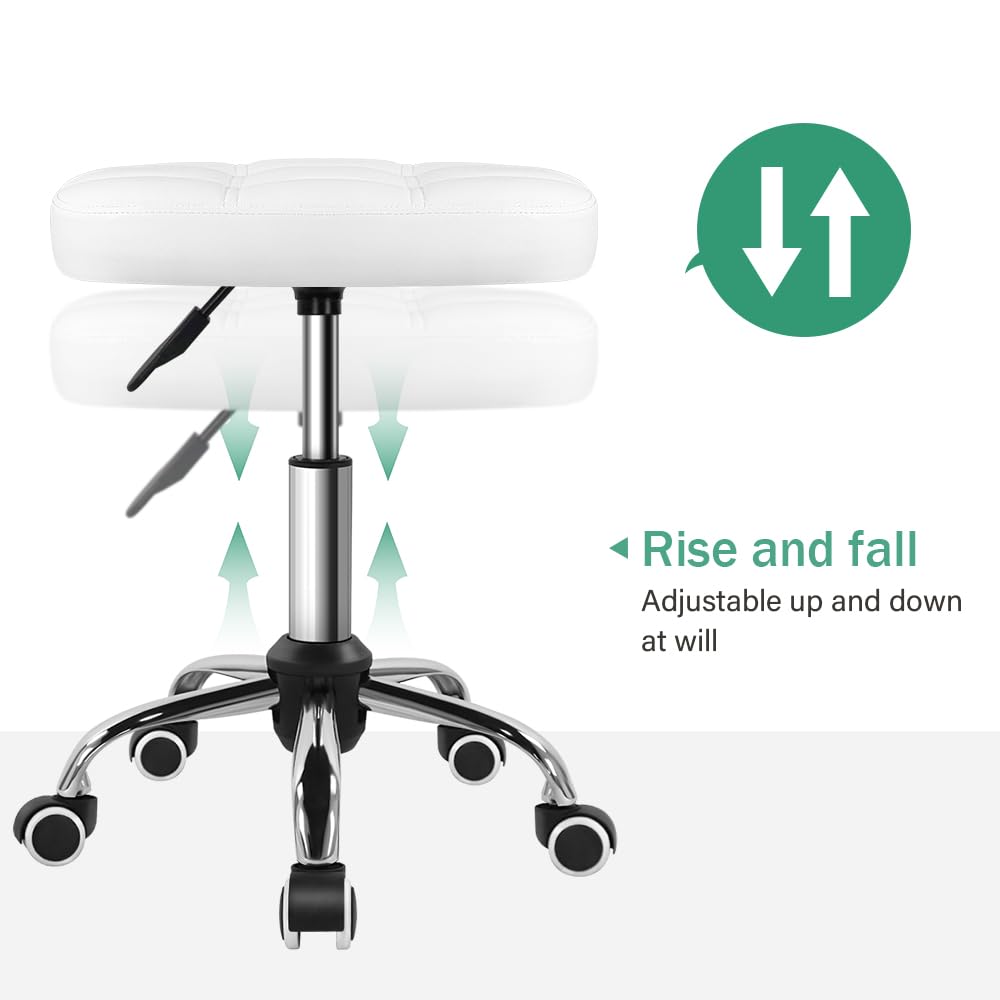 FURWOO Taburete Ovalado Rodante Altura Ajustable Sillón de Masaje con Ruedas para SPA Salón Blanco