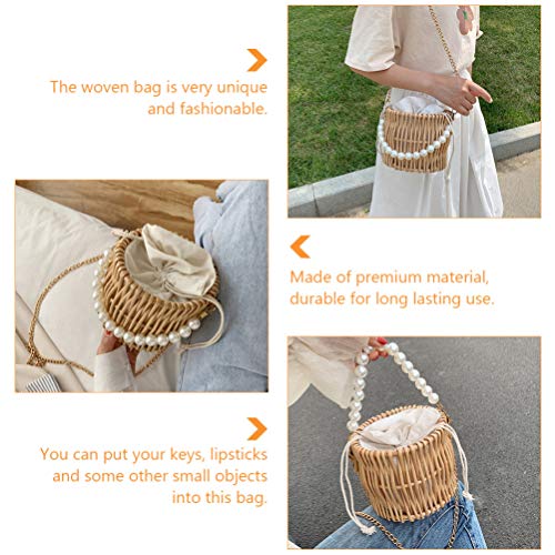 Natural Handwoven Wicker Handbag Straw Purse for Women Pearl Hand Woven Handbag Beach Bag Wicker Summer Woven Crossbody Shoulder Bag Pearl Shoulder Bag Straw Basket Purse2