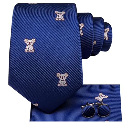 Image of Hi-Tie Men Blue Koala Neck Ties Sets Silk Jaquard Funny Necktie Pocket Square Cuff-links Sets Wedding Business Holiday