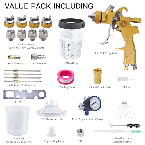 Image of HVLP Spray Gun with 10Pcs 600ML Disposable Paint Cups, Automotive Gravity Feed Paint Spray Gun Kit with Air Compressor Regulator for Auto (Black) (Yellow)