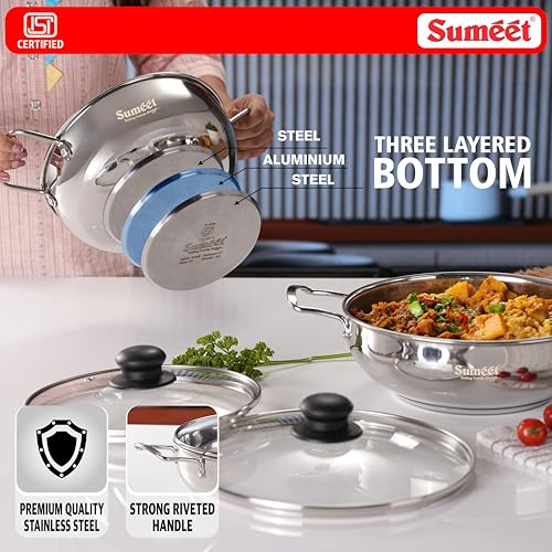 Image of Sumeet ISI Certified Stainless Steel Kadai with Glass Lid & Encapsulated Heavy Bottom |Induction and Gas Compatible |Set of 2 Pcs | 1.5Ltr & 2.3Ltr Capacity - 20 & 24cm Dia, Silver