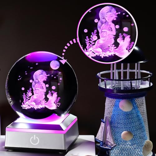 Image of Ornalrist 3D Mermaid Crystal Ball Gifts for Women, Girls 3.15in with Colorful LED Light Base - Gifts for Kids on Birthday, Christmas, New Year - Mermaid Figurines Home Decor