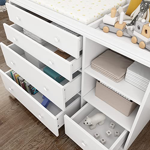 ECACAD-Modern-Nursery-Dresser-Chest-with-5-Drawers-2-Open-Shelves-Guard-Table-Top-472W-Wood-Dresser-Storage-Chest-of-Drawers-for-Bedroom-White ECACAD Modern Nursery Dresser Chest with 5 Drawers 2 Open Shelves Guard Table Top 472W Wood Dresser Storage Chest of Drawers for Bedroom White