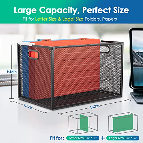 Maxgear Hanging File Organizer Box, Mesh File Folder Organizer For Letter/Legal Size Folders Metal File Folder Box With Handles File Crate Storage Box For Office Supplies, Clothes, Pantry, Bath-Black #TOP1