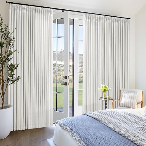 Image of 60 Inch Width Curtains 90 Inches Long Linen Curtains Pinch Pleated Beige | 90 Inch Length, Living Room Bedroom, Semi Sheer, Back Tab, Hooks Rings, Pinch Pleat, Patio Glass Door, 1 Panel, White