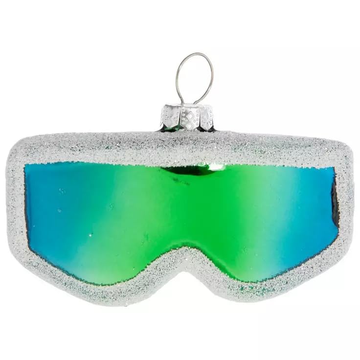 Lunettes de ski en verre ornement sapin de Noël avec bordure blanche pailletée 5x8,6cm