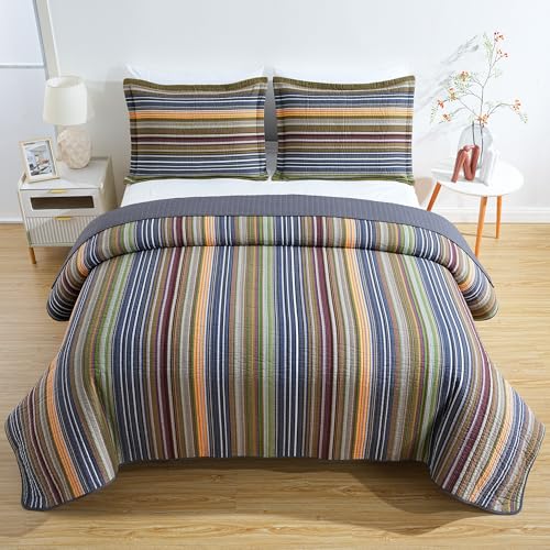 Image of Chezmoi Collection Avery Striped Cotton Quilt Set Queen Size, 3-Piece Soft Pre-Washed 100% Cotton Quilt, Multi-Color Green