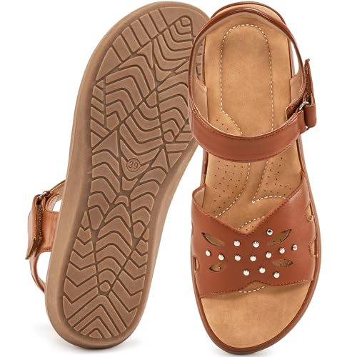 HARENCE Womens Sandals Dressy Summer: Comfortable Slip On Walking Flats Orthopedic Shoes for Hiking Beach