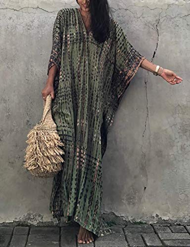 Eddoyee Plus Size Beach Kaftan Dresses for Women Print V-Neck Long Swimsuit Cover Ups2