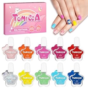 TOMICCA Kids Nail Polish Set, Non Toxic Quick Dry Water-Based Peel-Off 10 Colors Toddler Nail Polish Kit Natural Safe Quick DIY Nail Polish Kit for Girls Ages 5+ Nail Art