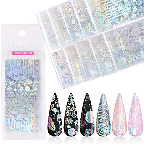 10 Colors Holographic Nail Foil Transfer Sticker, KISSBUTY Holographic Flowers Nail Art Stickers Tips Wraps Foil Transfer Adhesive Glitters Acrylic DIY Nail Decoration, 1 Pack