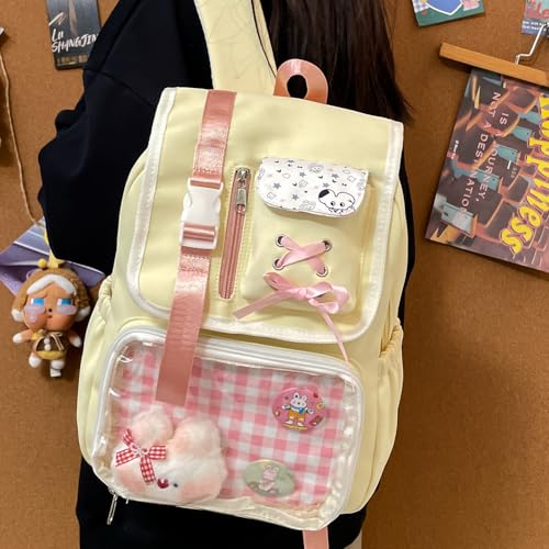 Kawaii School Backpack for Girls Cute Ita Bag Backpack with Pin Display Insert for Teen Kids Aesthetics Travel Bookbag (Yellow)3