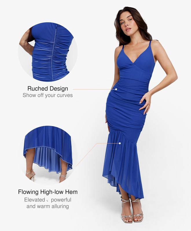 Image of Popilush Corset Dress Built in Shapewear Bodycon Cocktail Dresses for Women Wedding Guest Deep V Neck Mesh Ruched Maxi Dress