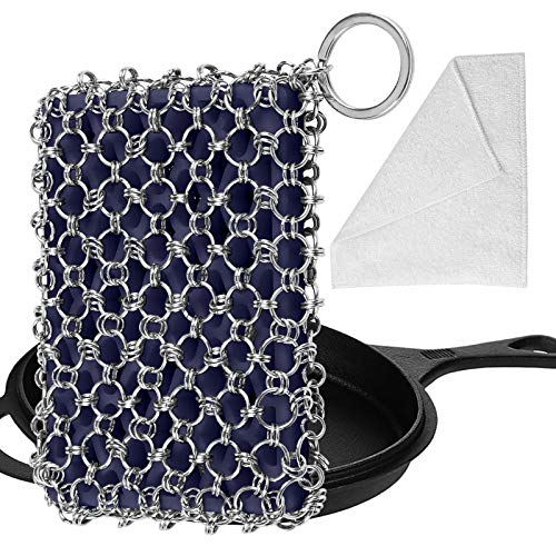 Herda Cast Iron Skillet Cleaner - Chainmail Scrubber Set Easy to Hold Cast Iron Cleaner Tool Kit - 316 Stainless Steel Chain Metal Skillet Scrubber Scraper for Steel Pan, Iron Pan (Midnight blue)